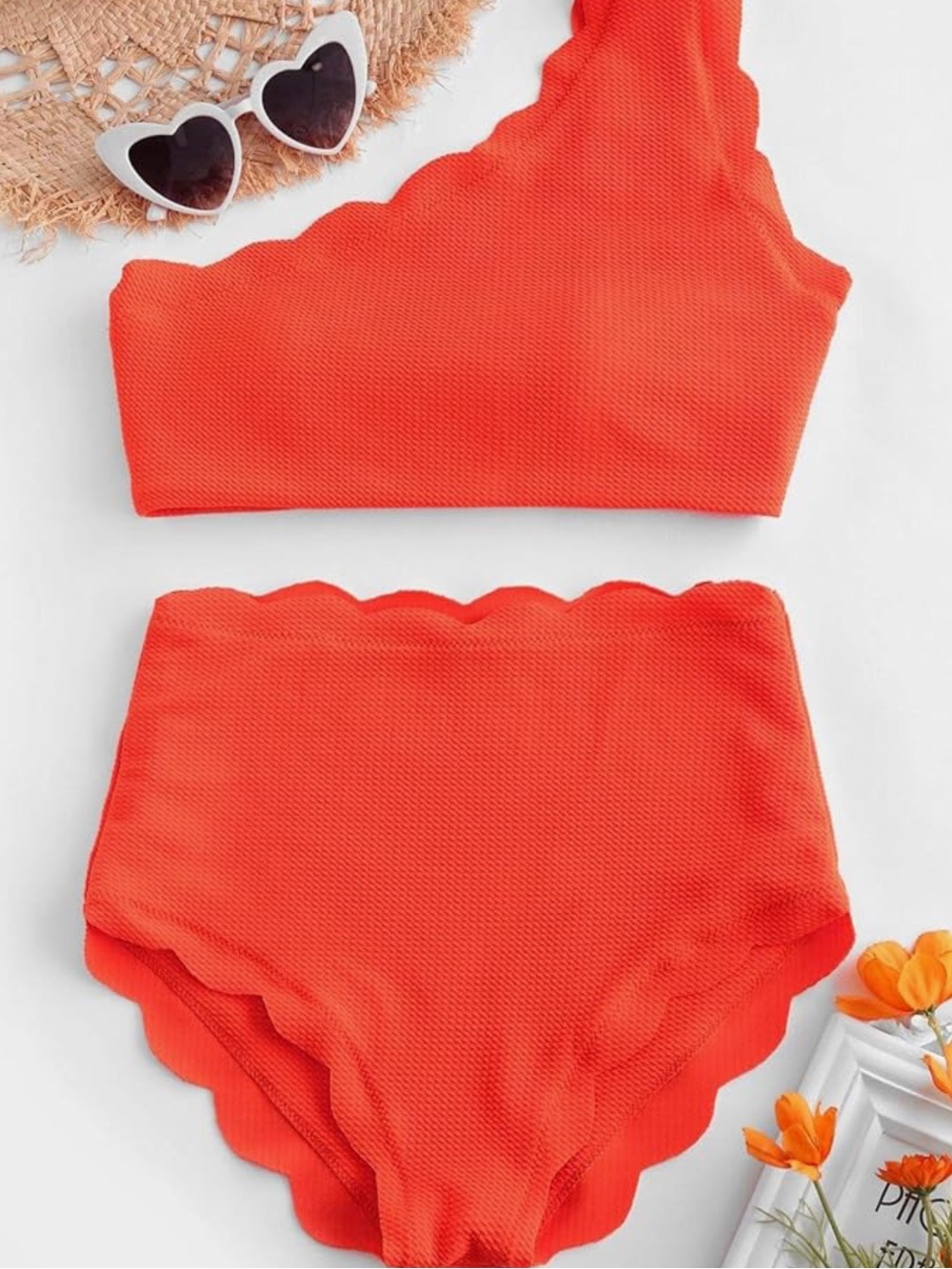 NEW Scalloped One-Shoulder High-Waist Bikini Set - Bright Orange